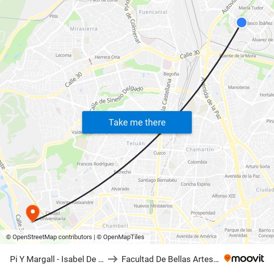 Pi Y Margall - Isabel De Valois to Facultad De Bellas Artes (Ucm) map