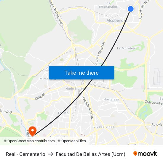 Real - Cementerio to Facultad De Bellas Artes (Ucm) map