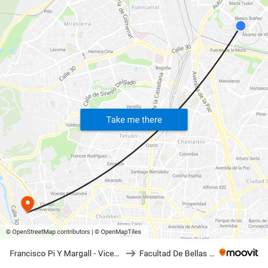 Francisco Pi Y Margall - Vicente Blasco Ibañez to Facultad De Bellas Artes (Ucm) map