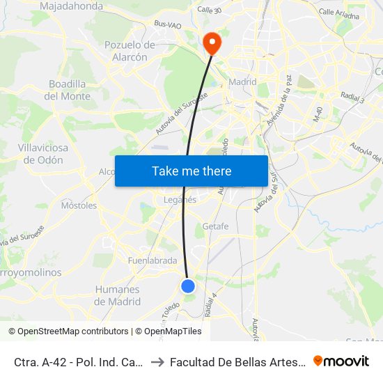 Ctra. A-42 - Pol. Ind. Cantueña to Facultad De Bellas Artes (Ucm) map