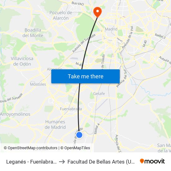 Leganés - Fuenlabrada to Facultad De Bellas Artes (Ucm) map