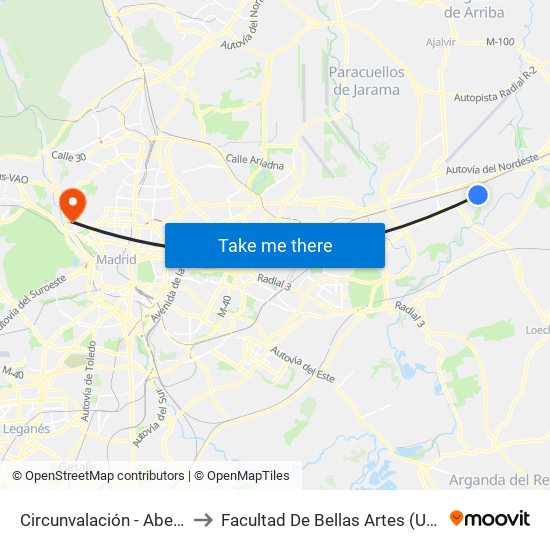 Circunvalación - Abedul to Facultad De Bellas Artes (Ucm) map