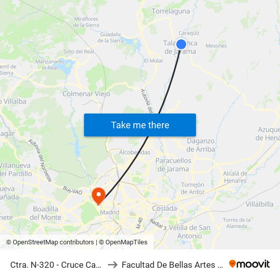 Ctra. N-320 - Cruce Caraquiz to Facultad De Bellas Artes (Ucm) map