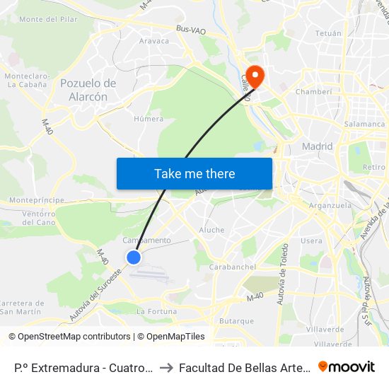 P.º Extremadura - Cuatro Vientos to Facultad De Bellas Artes (Ucm) map