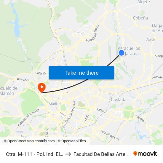 Ctra. M-111 - Pol. Ind. El Pulido to Facultad De Bellas Artes (Ucm) map