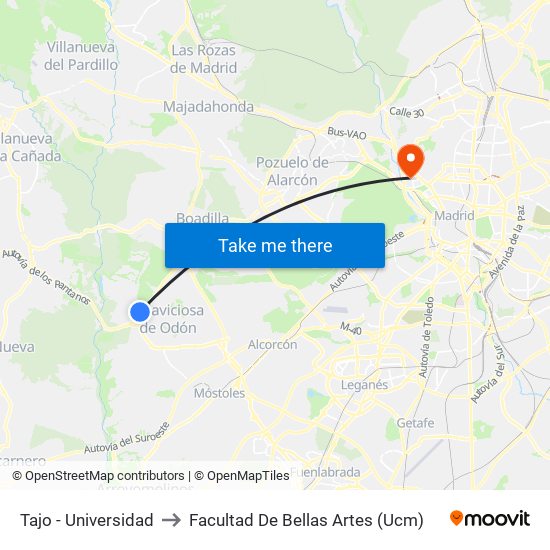 Tajo - Universidad to Facultad De Bellas Artes (Ucm) map