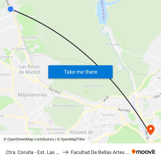 Ctra. Coruña - Est. Las Matas to Facultad De Bellas Artes (Ucm) map