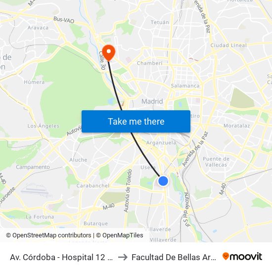 Av. Córdoba - Hospital 12 De Octubre to Facultad De Bellas Artes (Ucm) map