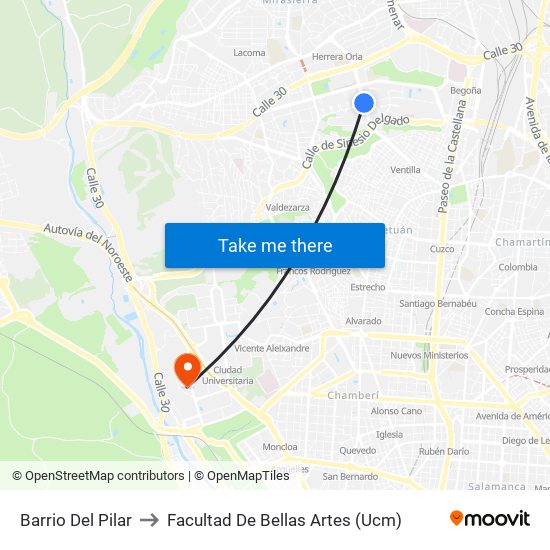 Barrio Del Pilar to Facultad De Bellas Artes (Ucm) map