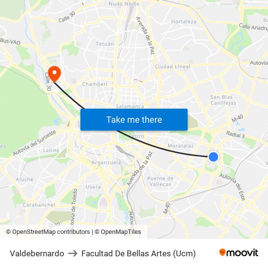 Valdebernardo to Facultad De Bellas Artes (Ucm) map