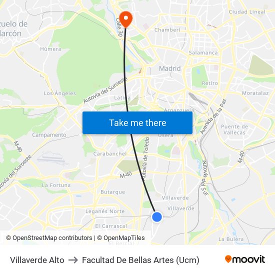Villaverde Alto to Facultad De Bellas Artes (Ucm) map