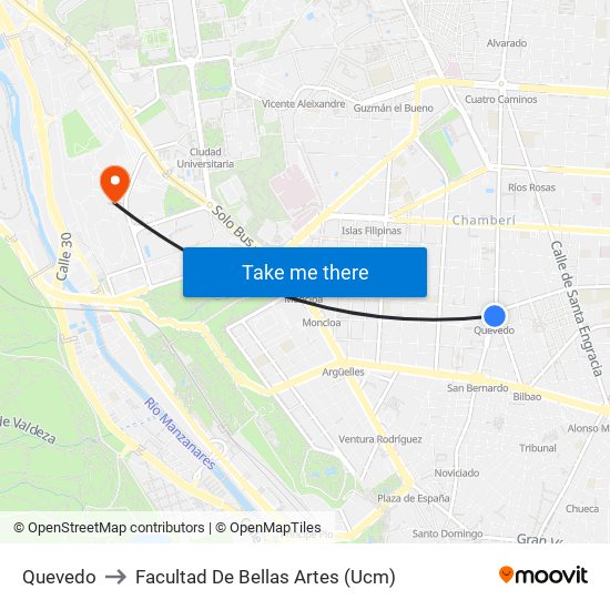 Quevedo to Facultad De Bellas Artes (Ucm) map