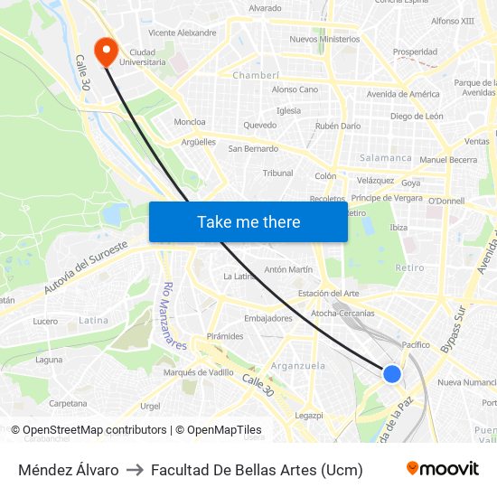 Méndez Álvaro to Facultad De Bellas Artes (Ucm) map