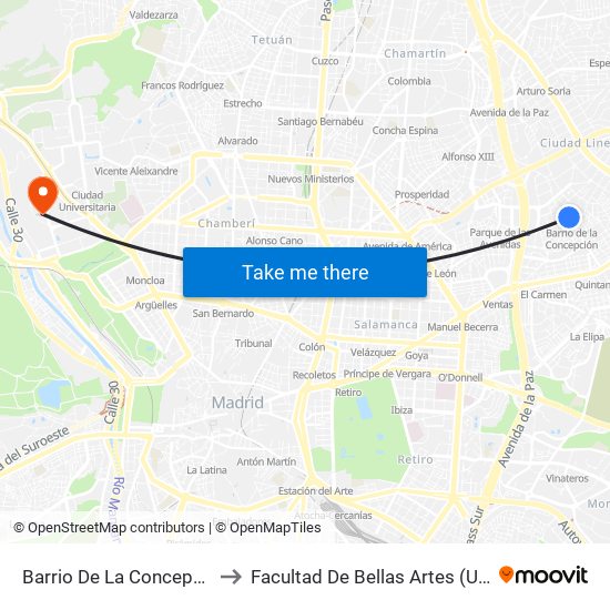 Barrio De La Concepción to Facultad De Bellas Artes (Ucm) map