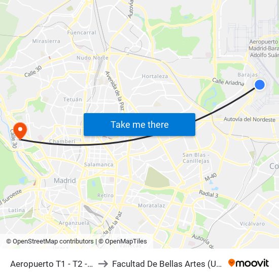 Aeropuerto T1 - T2 - T3 to Facultad De Bellas Artes (Ucm) map