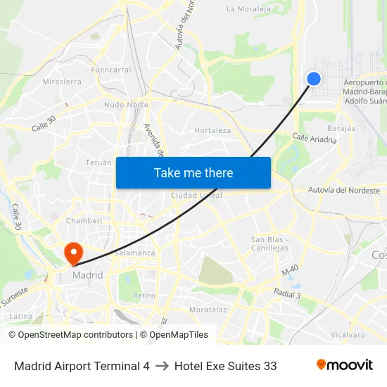 Madrid Airport Terminal 4 to Hotel Exe Suites 33 map