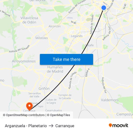 Arganzuela - Planetario to Carranque map