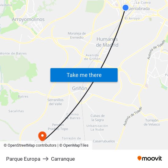 Parque Europa to Carranque map