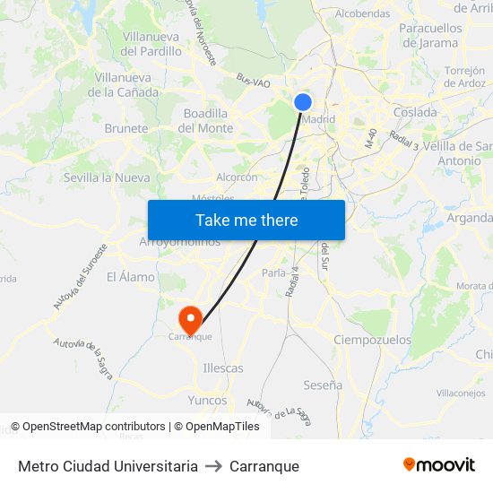 Metro Ciudad Universitaria to Carranque map