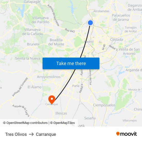 Tres Olivos to Carranque map