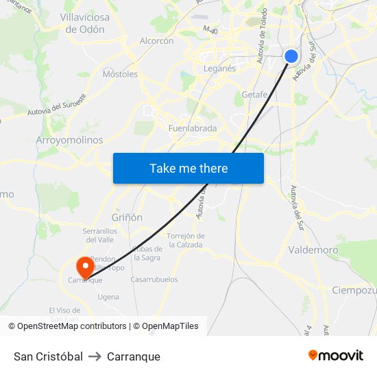 San Cristóbal to Carranque map