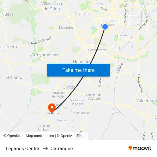 Leganés Central to Carranque map
