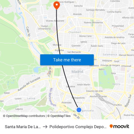 Santa María De La Cabeza - Puente Praga to Polideportivo Complejo Deportivo Nuestra Señora De La Almudena map