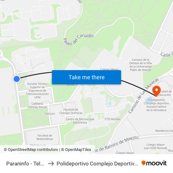 Paraninfo - Telecomunicaciones to Polideportivo Complejo Deportivo Nuestra Señora De La Almudena map