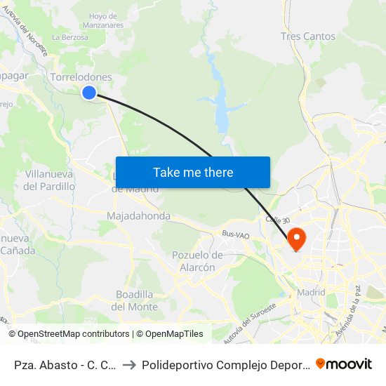 Pza. Abasto - C. C. Espacio Torrelodones to Polideportivo Complejo Deportivo Nuestra Señora De La Almudena map