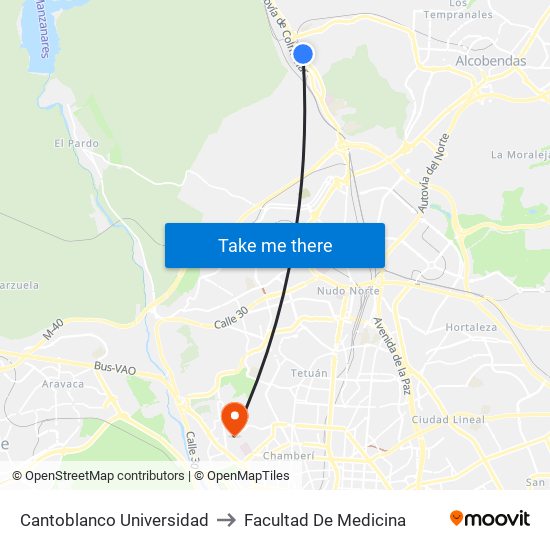 Cantoblanco Universidad to Facultad De Medicina map