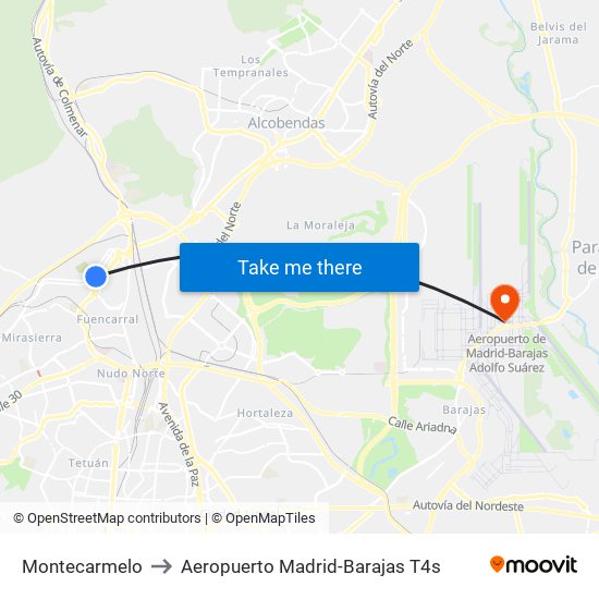 Montecarmelo to Aeropuerto Madrid-Barajas T4s map