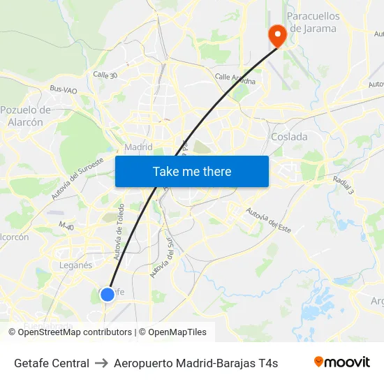 Getafe Central to Aeropuerto Madrid-Barajas T4s map