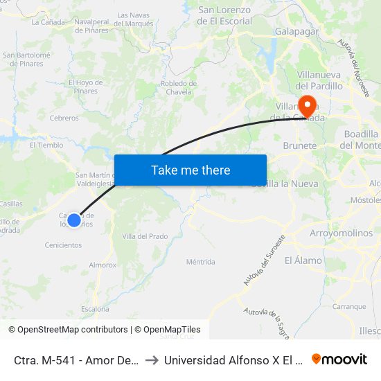 Ctra. M-541 - Amor De Dios to Universidad Alfonso X El Sabio map