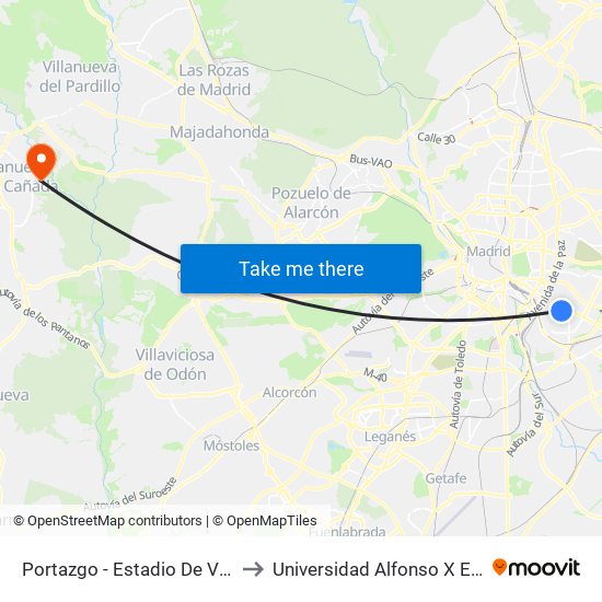 Portazgo - Estadio De Vallecas to Universidad Alfonso X El Sabio map