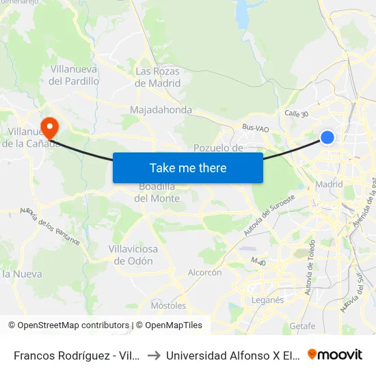 Francos Rodríguez - Villaamil to Universidad Alfonso X El Sabio map
