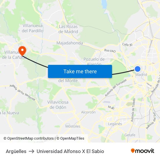 Argüelles to Universidad Alfonso X El Sabio map