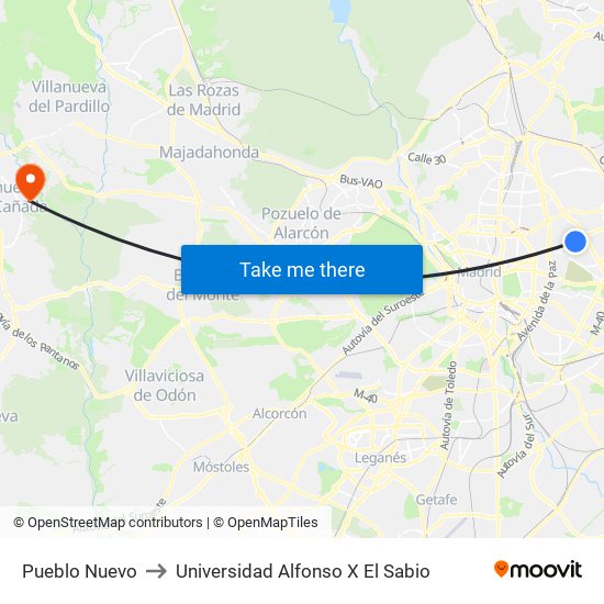 Pueblo Nuevo to Universidad Alfonso X El Sabio map