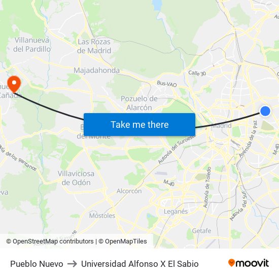 Pueblo Nuevo to Universidad Alfonso X El Sabio map