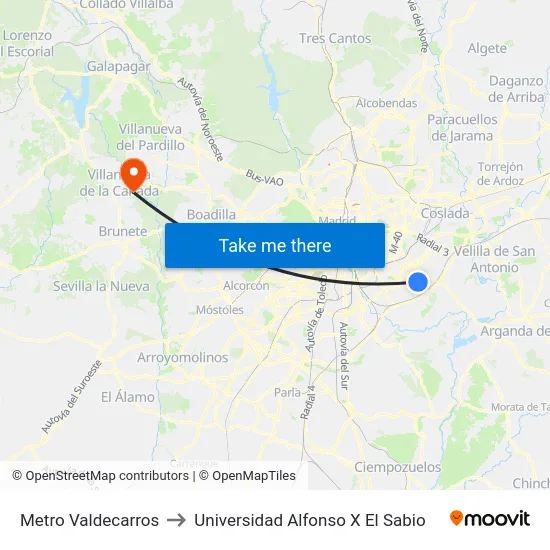 Metro Valdecarros to Universidad Alfonso X El Sabio map