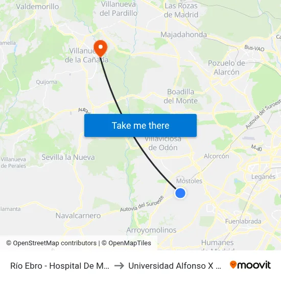 Río Ebro - Hospital De Móstoles to Universidad Alfonso X El Sabio map