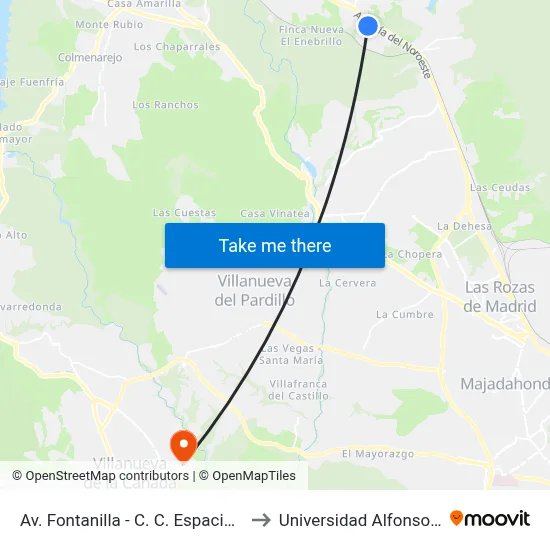 Av. Fontanilla - C. C. Espacio Torrelodones to Universidad Alfonso X El Sabio map