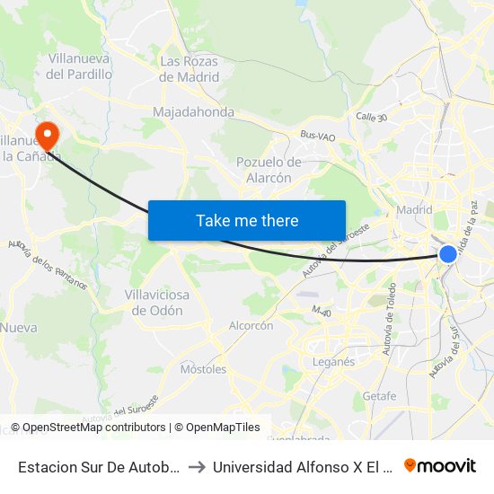 Estacion Sur De Autobuses to Universidad Alfonso X El Sabio map