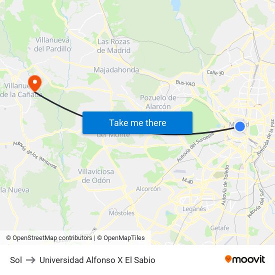 Sol to Universidad Alfonso X El Sabio map