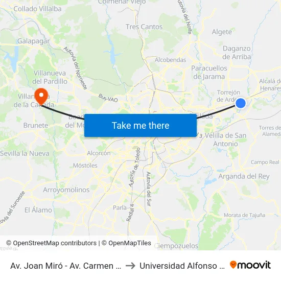 Av. Joan Miró - Av. Carmen Martín Gaite to Universidad Alfonso X El Sabio map