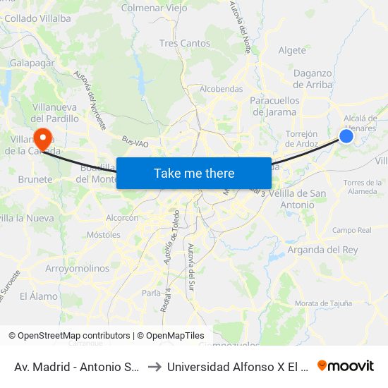 Av. Madrid - Antonio Suárez to Universidad Alfonso X El Sabio map