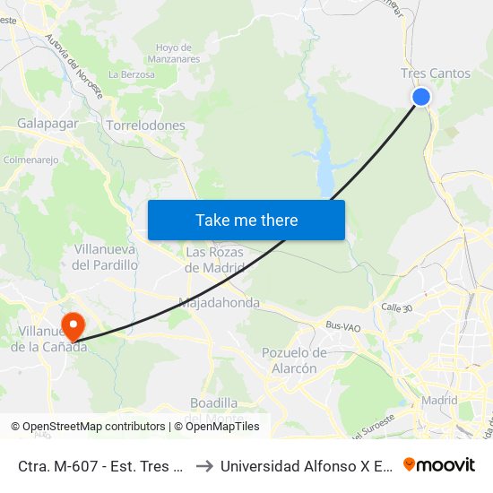 Ctra. M-607 - Est. Tres Cantos to Universidad Alfonso X El Sabio map