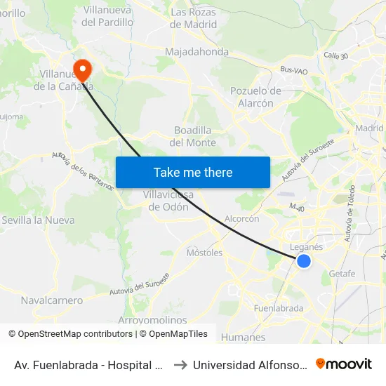 Av. Fuenlabrada - Hospital Severo Ochoa to Universidad Alfonso X El Sabio map