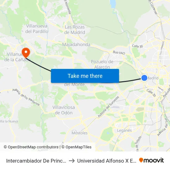 Intercambiador De Príncipe Pío to Universidad Alfonso X El Sabio map
