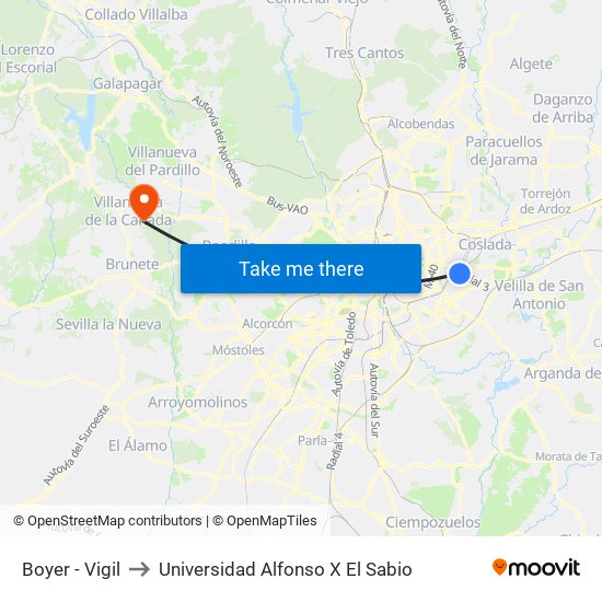 Boyer - Vigil to Universidad Alfonso X El Sabio map