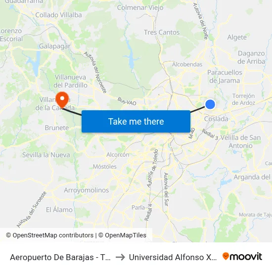 Aeropuerto De Barajas - T1, Madrid to Universidad Alfonso X El Sabio map